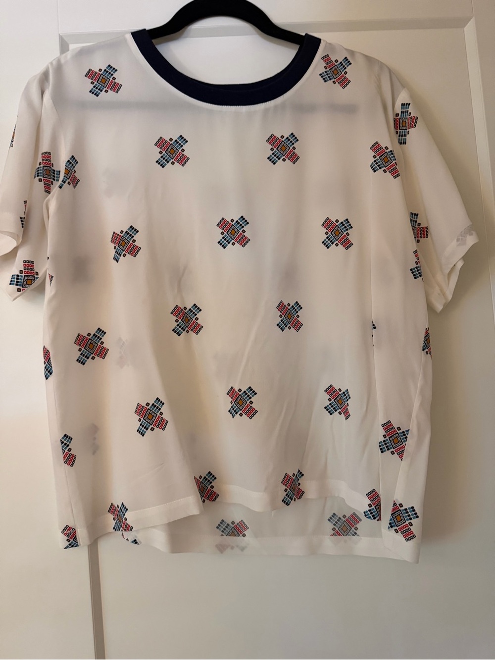 Baldwin 100% Silk White Short-Sleeve Printed Top with Navy Collar